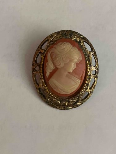 Vintage Resin Cameo Brooch in Gold-Tone Filigree Setting