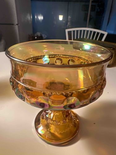 Iridescent Amber Carnival Glass Footed Bowl