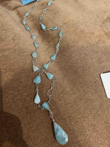 Larimar and Silver-toned Wire-Wrapped Lariat Necklace