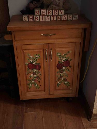 Wooden Kitchen Cart with Hand-Painted Apple Motif