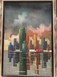 Mid-Century Modern Abstract Cityscape Oil Painting on Canvas