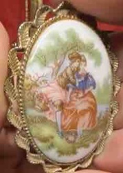Oval Faux Cameo Pendant/Brooch with Romantic Scene