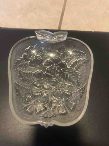 Clear Pressed Glass Apple-Shaped Dish with Floral Design