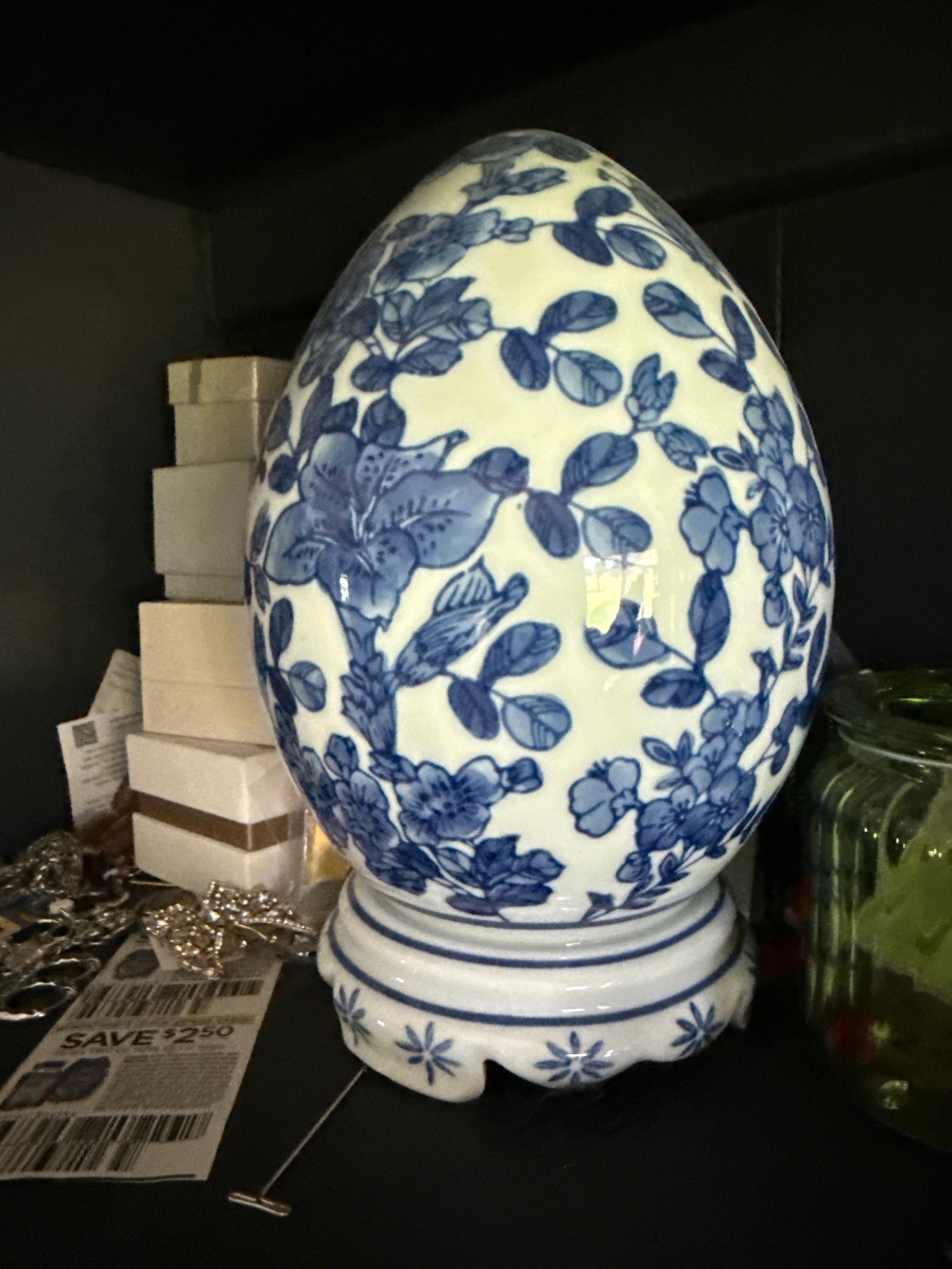 Submitted photo of Blue and white porcelain decorative egg on stand