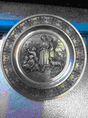 Embossed Pewter Decorative Wall Plate - Pastoral Harvest Scene