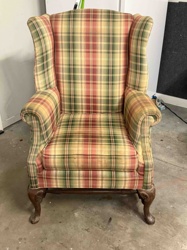 Plaid Wingback Armchair with Cabriole Legs