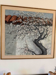 Painting of a Blooming Tree Next to a Tiled Roof