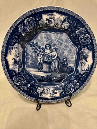 Blue and White Transferware Decorative Plate with Rural Scenes
