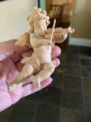 Carved Wooden Cherub with Violin Figurine