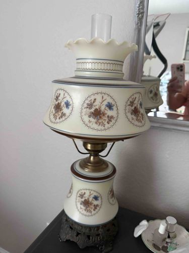 Vintage Milk Glass Hurricane Table Lamp with Floral Decals