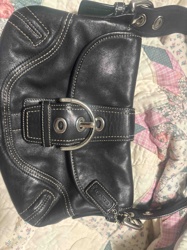 Coach Black Leather Shoulder Bag with White Contrast Stitching