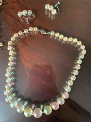 Vintage Iridescent Glass Bead Necklace and Clip-On Earring Set
