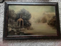 Framed Romantic Landscape with Gazebo and Boaters