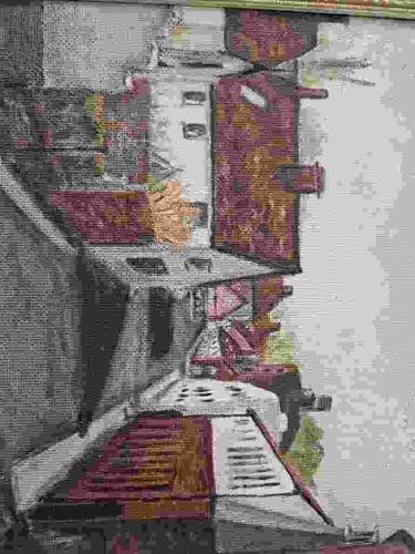 Tapestry Embroidery of a European Village Street Scene