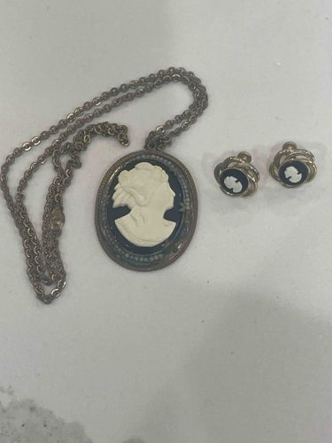 Vintage Cameo Pendant Necklace and Screw-Back Earrings Set