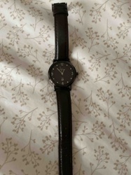 Women's Black Dial Analog Watch with Dark Brown Leather Strap