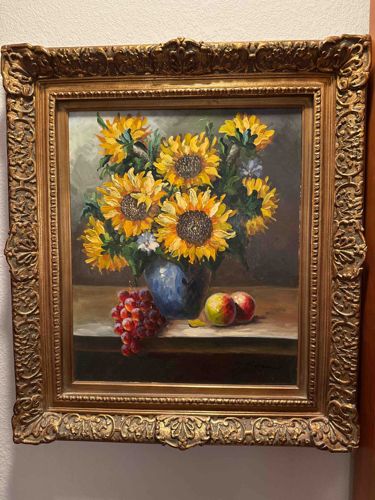 Still Life with Sunflowers and Fruit signed Kurigan