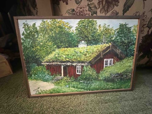 Oil Painting: 'Red Cabin with Sod Roof' by H.R. RUST (1980)