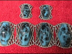 Vintage Turquoise and Black Swirl Cabochon Bracelet and Earring Set