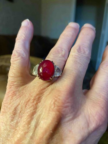 Cabochon Ruby and Trilliant Diamond Three-Stone Ring