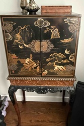 Hand-Painted Black Lacquer Asian-Style Bar Cabinet