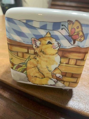 Vintage Villeroy & Boch Cat and Picnic Basket Bank signed RFaure