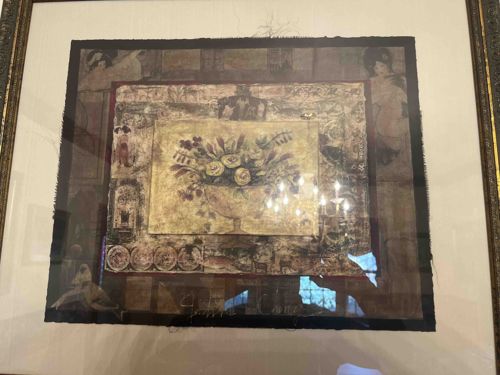 Framed Mixed Media Artwork: 'Still Life with Flowers and Architectural Elements'