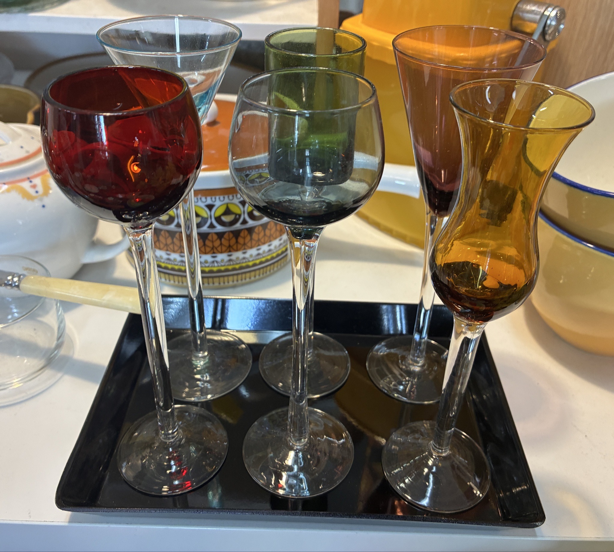 Submitted photo of Mid-Century Multi-Colored Liqueur Glasses with Black Tray