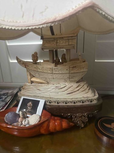 Vintage Faux-Ivory Asian Takarabune Dragon Boat Table Lamp