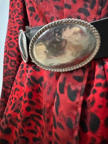 DKNY Vintage Leather Belt with Hammered Silver-Tone Concho Buckle