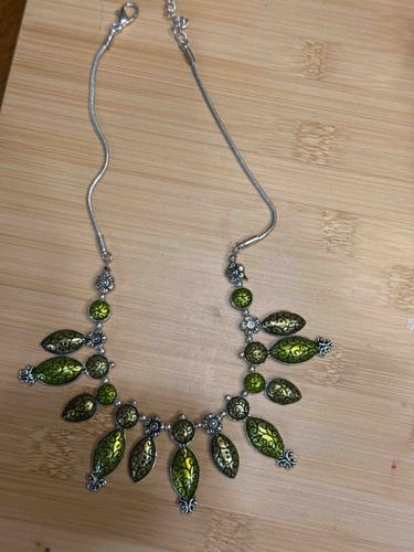 Green Enamel and Silver-Toned Statement Necklace
