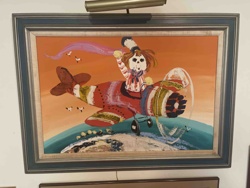 Whimsical Clown Flying Biplane Painting