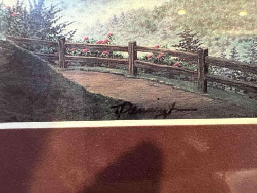 Landscape Print with Wooden Fence and Pink Flowers