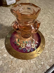 Art Deco Pink Depression Glass Candlestick with Enameled Floral and Gilt Decoration