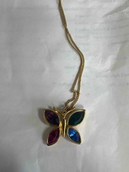 Gold-Toned Butterfly Pendant Necklace with Multi-Colored Gemstones