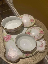 Vintage Hand-Painted Rose Floral Serving Dish Set