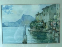 Watercolor Painting of a European Lakeside Village