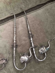 Ornate Silver-Toned Figural Smoking Pipes with Elephant and Bird Motifs