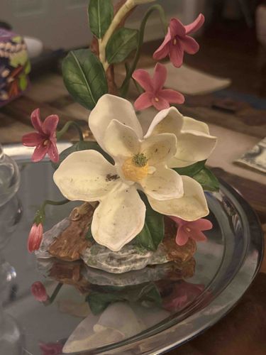 Porcelain Floral Figurine with Magnolia and Pink Flowers