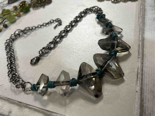 Smoky Quartz and Teal Leather Wrapped Link Chain Necklace