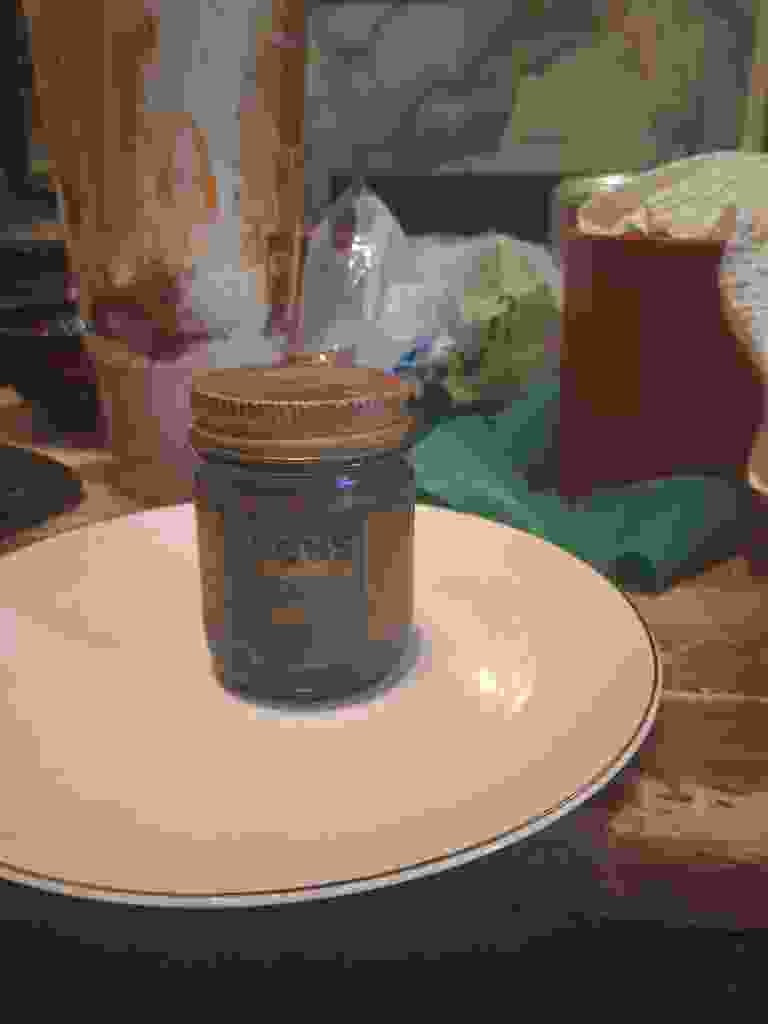 Small Mason Jar with Textured Metal Lid and Dark Label