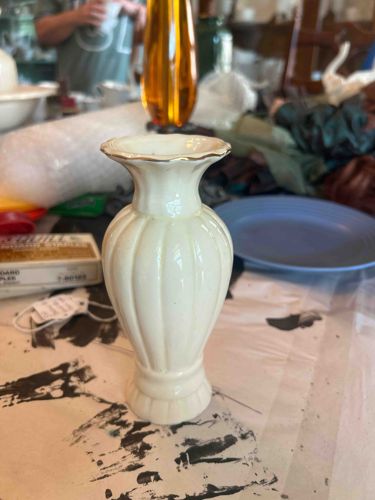 Vintage Cream Ribbed Ceramic Vase with Gold Trim