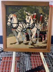 Framed Needlepoint of Horses Pulling a Cart