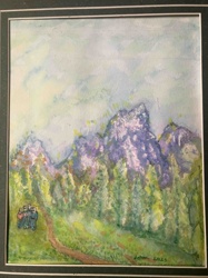 Mountain Landscape with Figures Watercolor Painting