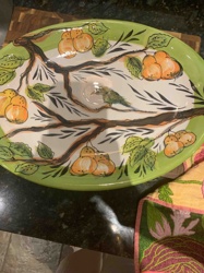 Hand-Painted Pear and Bird Oval Divided Serving Platter