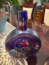 Iridescent Cobalt Blue Glass Commemorative Bottle with Embossed Portrait