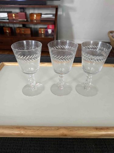 Set of Three Etched Glass Cordial/Wine Glasses with Twisted Stems