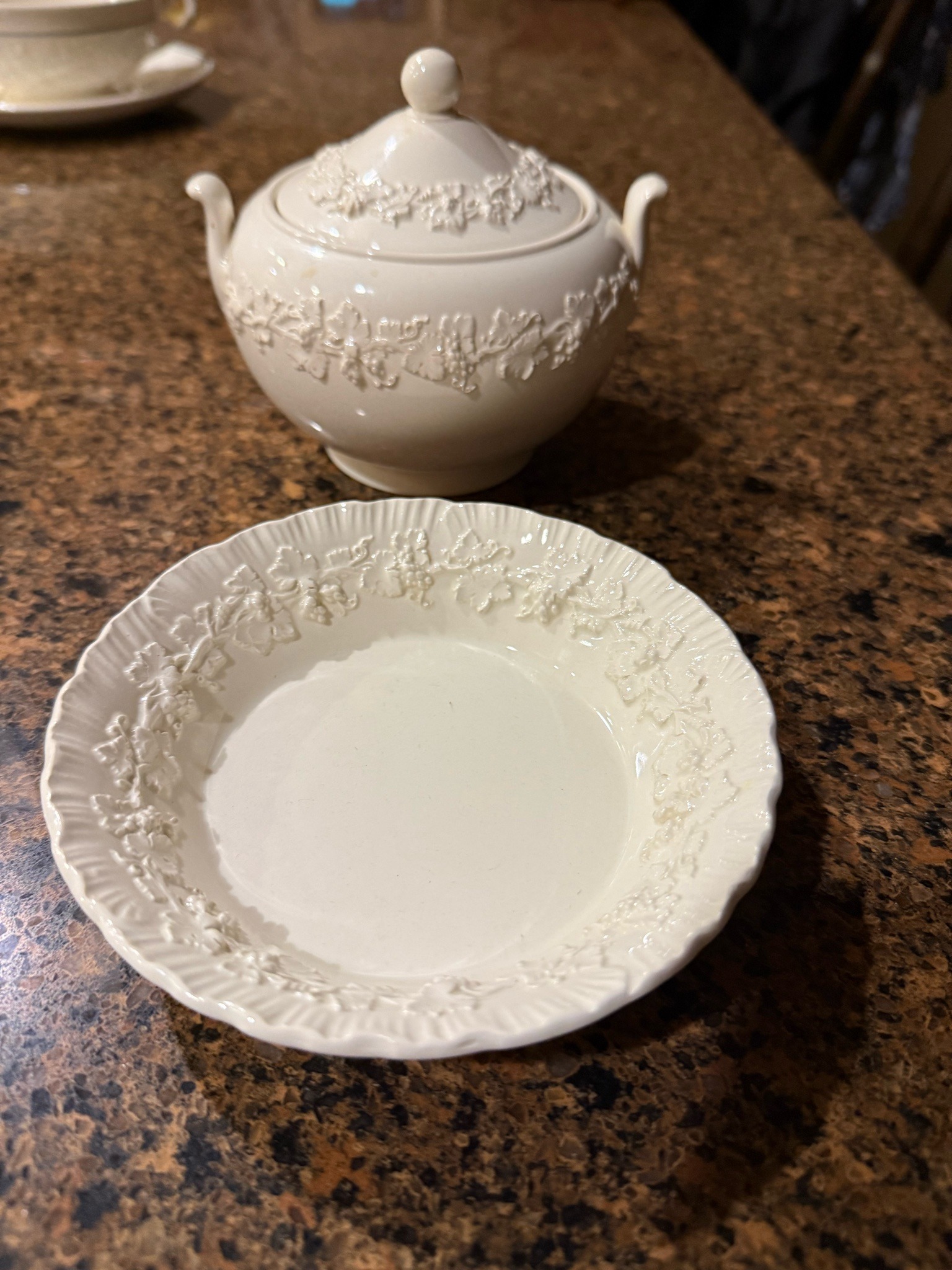 Submitted photo of Creamware lidded sugar bowl and small dish, appears to be Wedgwood Queen's Ware (not authenticated)