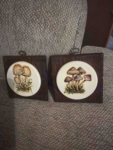Vintage 1970s Ceramic Mushroom Tile Wall Plaques (Set of Two)