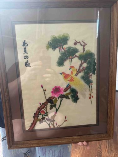 Framed Silk Embroidery of Birds and Flowers